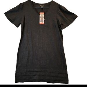 Nicole Miller Black Linen Blend Dress LBD Midi Knee Length Short Sleeve Preppy